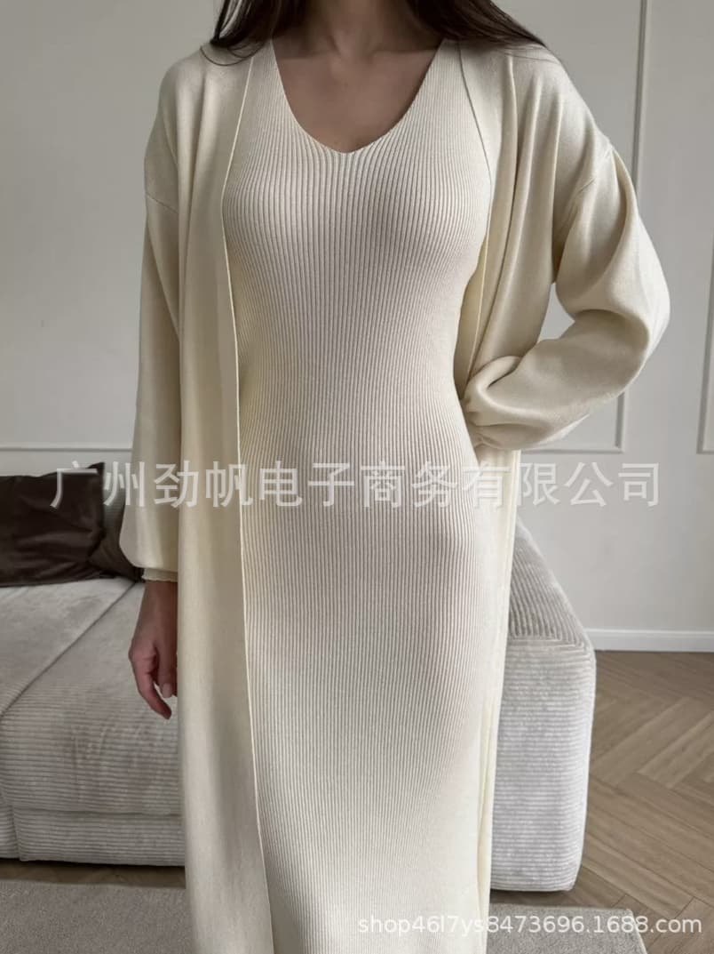 Cross-border hot-selling autumn/winter sweater dresses, cardigan, jacket two-piece set, Knitted Women Sets