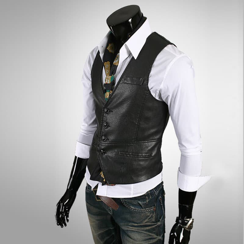 Spring Autumn Motorcycle Sleeveless Faux Leather Vest Jacket Base Layer Korean Style Men's Trendy Casual Waistcoat Outerwear PU Vest for Men