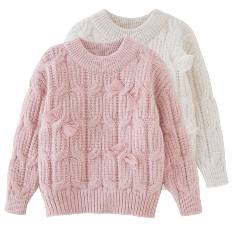 Korean Style Thick Autumn/Winter Girls' Pullover Sweater with Bow Kids' Base Knit Top, Drop Shipping