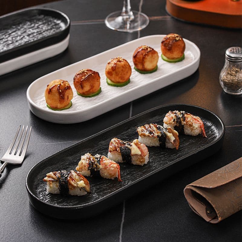 Drop Shipping Ceramic Oval Plate Premium Sushi Plate Stone Grain Minimalist Appetizer Plate Commercial Sashimi Plate Shrimp Plate