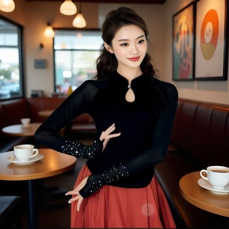 Square Dance Performance Wear Women's Long-Sleeve Dance Chiffon Top Stand Collar Rhinestone Sleeves Breathable Comfortable Dance Wear New