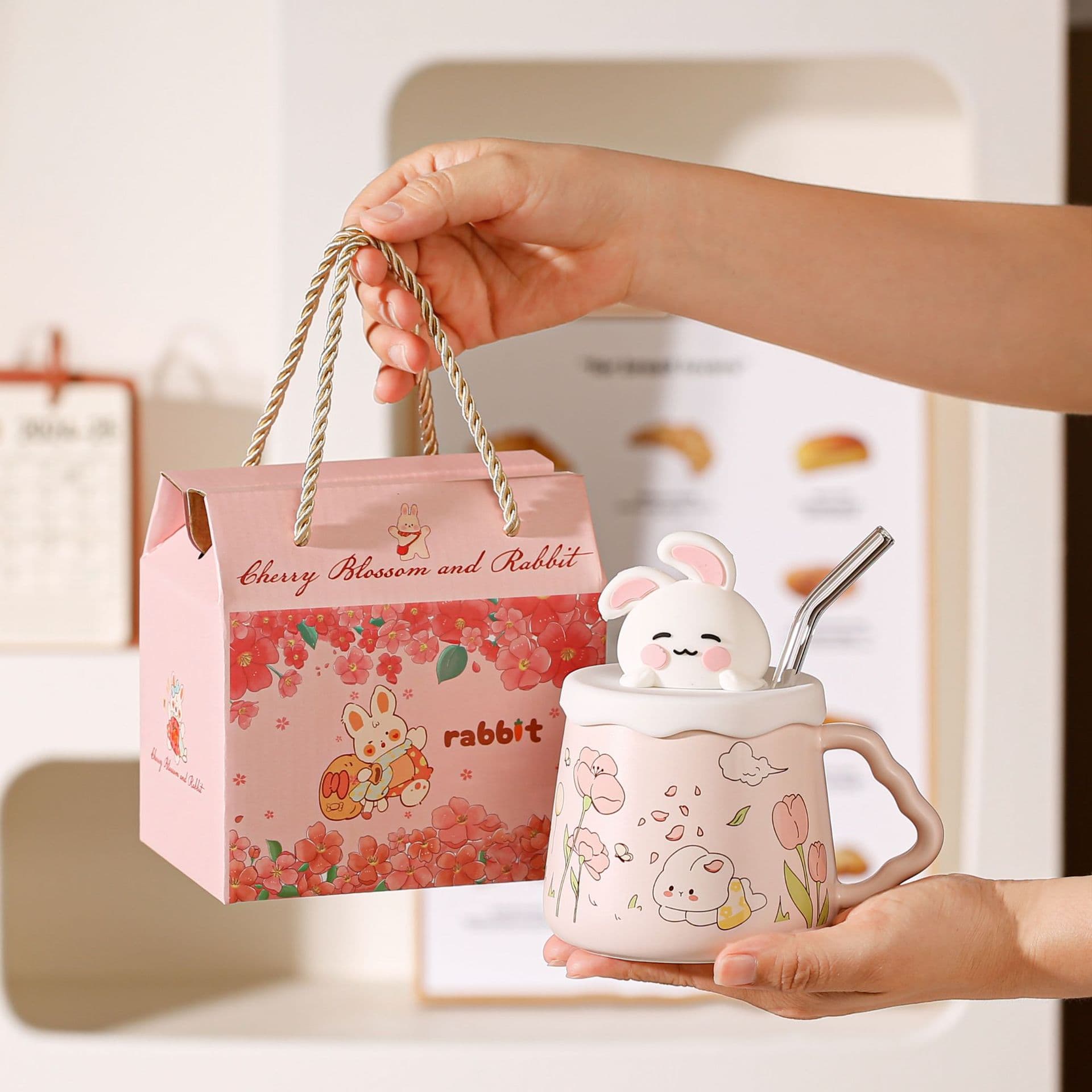 Cartoon cute rabbit straw cup with lid creative cup ceramic mug girl best friend home gift water cup