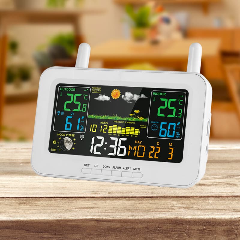 Custom Temperature and Humidity Weather Station Radio Controlled Alarm Clock Moon Phase Weather Forecast Perpetual Calendar Night Light Temperature and Humidity Clock