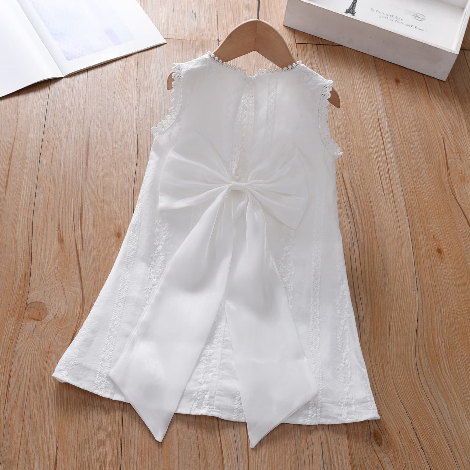 Girls 2025 Fashion Pearl Collar Sleeveless Vest Dress with Back Bow Cotton Fabric