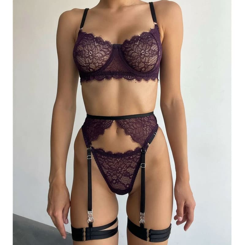 European and American Cross-Border New Sexy Lingerie Fashion Women's Lace Ribbon Steel Ring Leg Strap Bra Suit Four-Piece Set