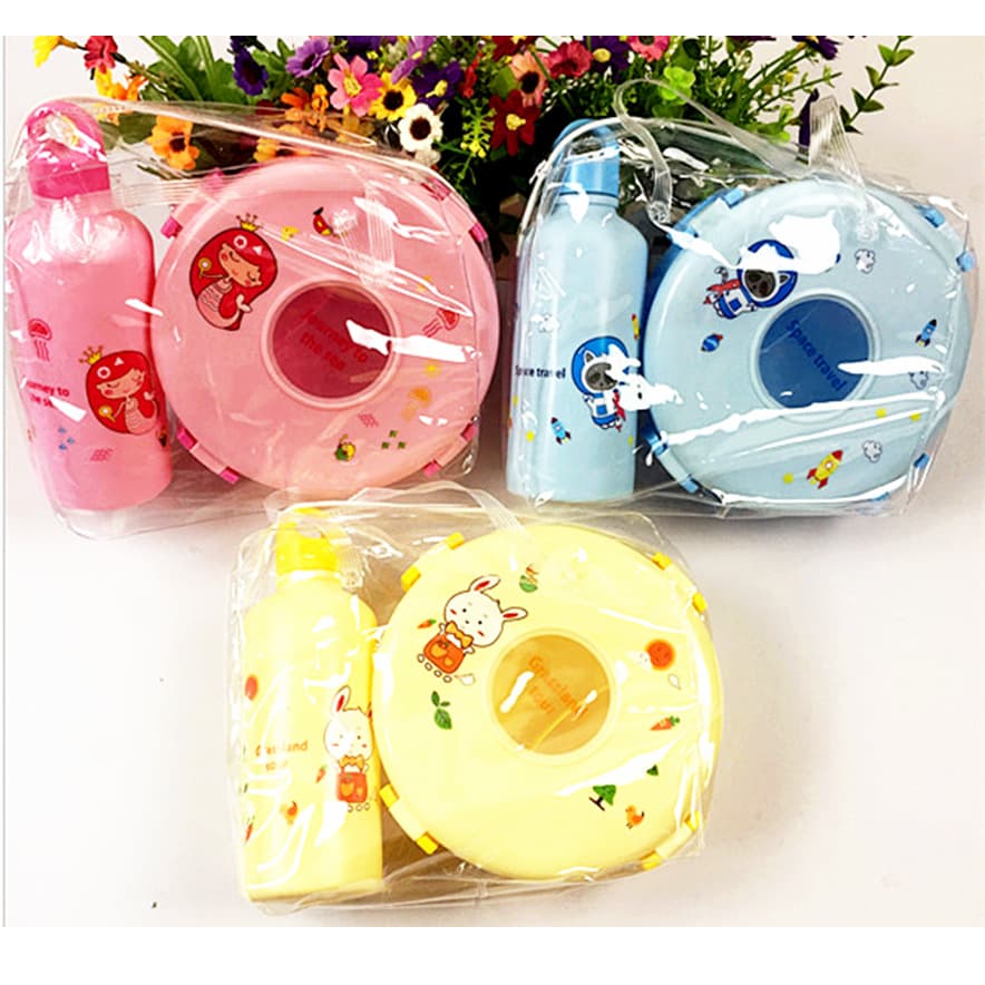 Cartoon Lunch Box and Water Bottle Set Round Children Student Lunchbox Snap-On Bento Box Factory Customizable LOGO 3018