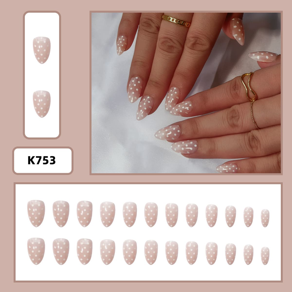 Small Almond-Shaped Nail Tips, White Polka Dot Nail Tips, Short Autumn Style Press-On Nails, Round Dot Fake Nails, Removable