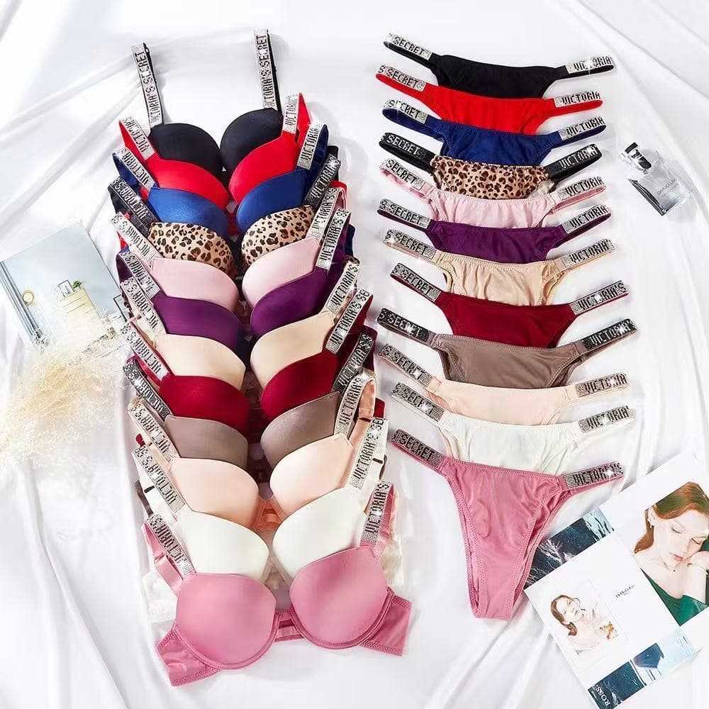 Cross-Border Rhinestone Wide-Strap Push-Up Bra for Women, European and American Style, Light Luxury, Plus Size, High-Slit Sexy Lingerie Set