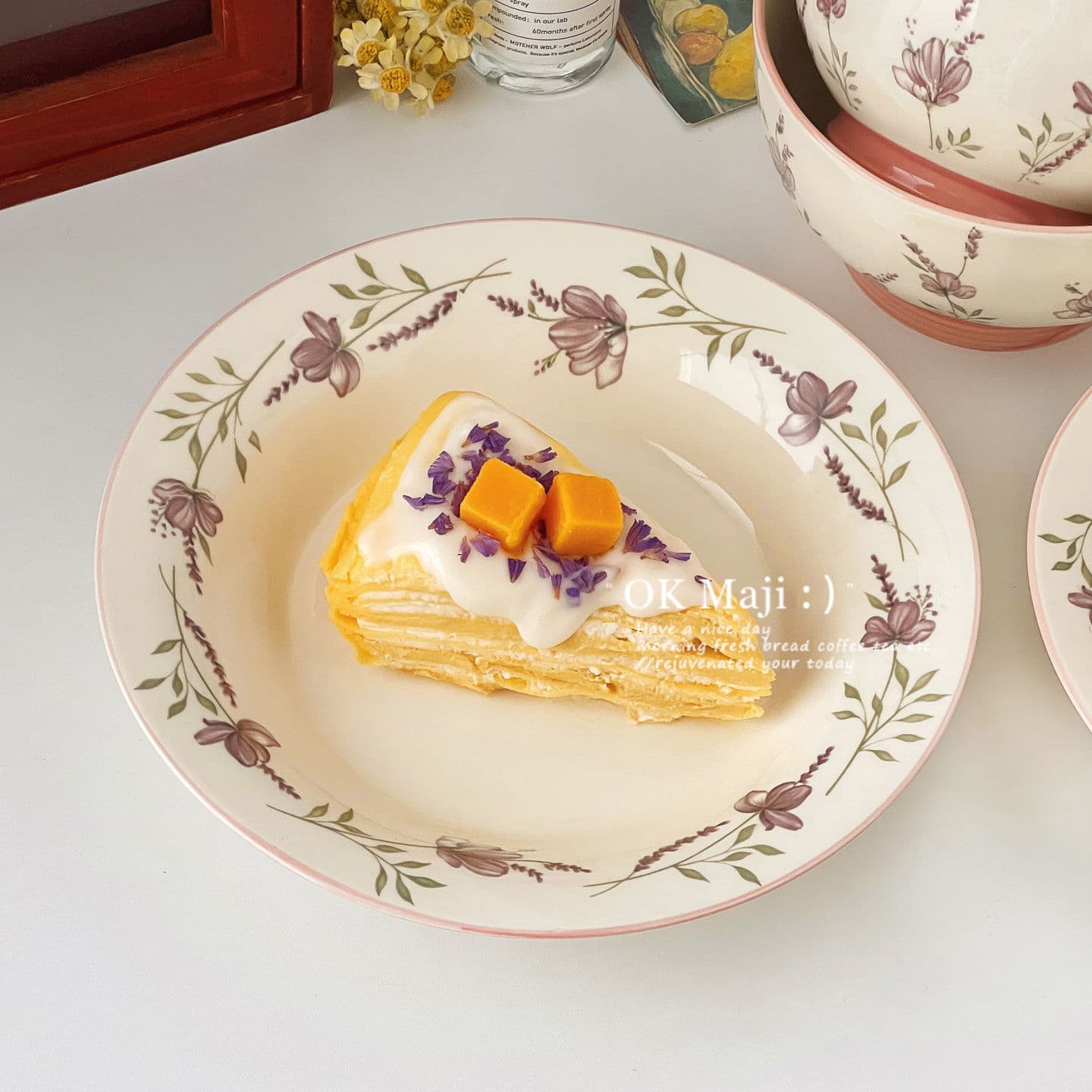 Beautiful plate, pastoral style tableware, underglaze color dinner plate, ceramic bowl and plate, high-looking fruit salad cake, dessert plate