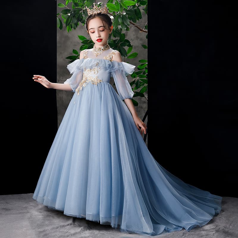 Children's dress fluffy gauze 2026 flower girl piano performance suit western style girl host catwalk evening dress tail