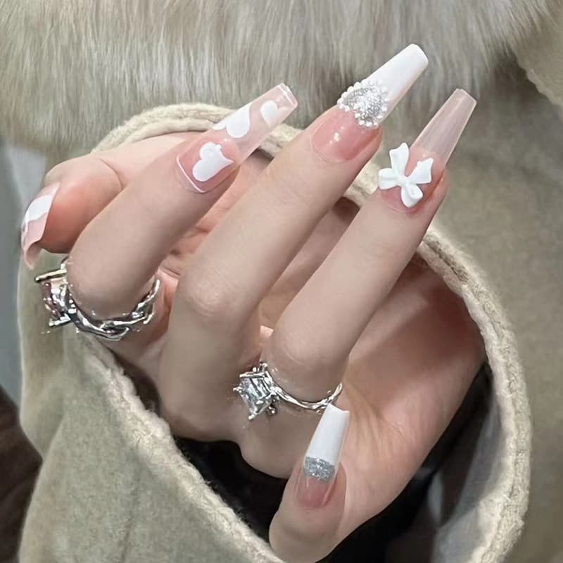 [Clearance] French White Bow Love Heart Wearable Nails Long Sparkling Manicure Nails Wearable Fake Nails