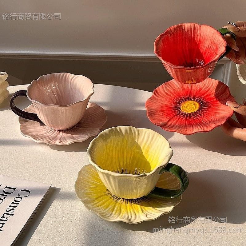 Ceramic Floral Coffee Mug for Women, High-Aesthetic Water Cup, Home High-End Exquisite Hand-Painted Afternoon Tea Cup and Saucer