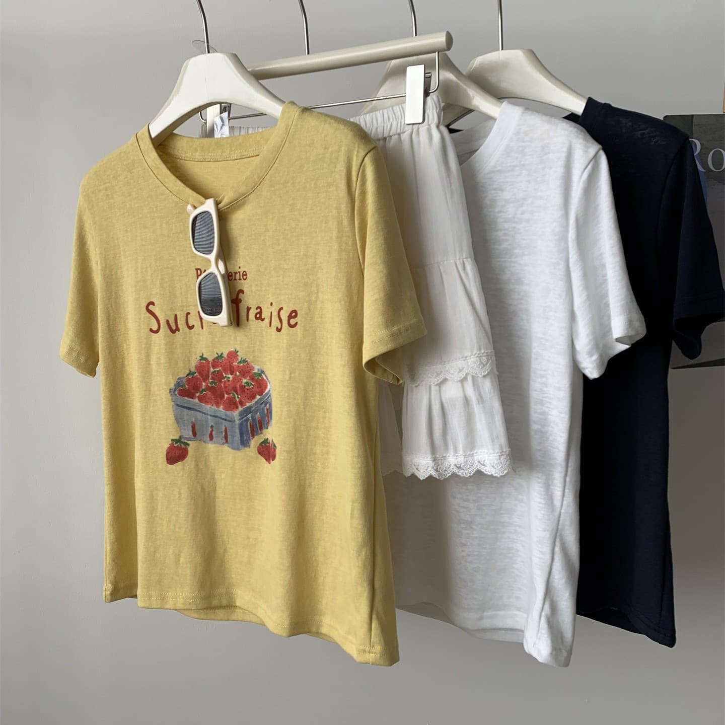 American Retro Strawberry Basket Print Short-Sleeved Women's Summer Thin Snowflake Cotton Korean Style Age-Reducing T-Shirt Cartoon Top
