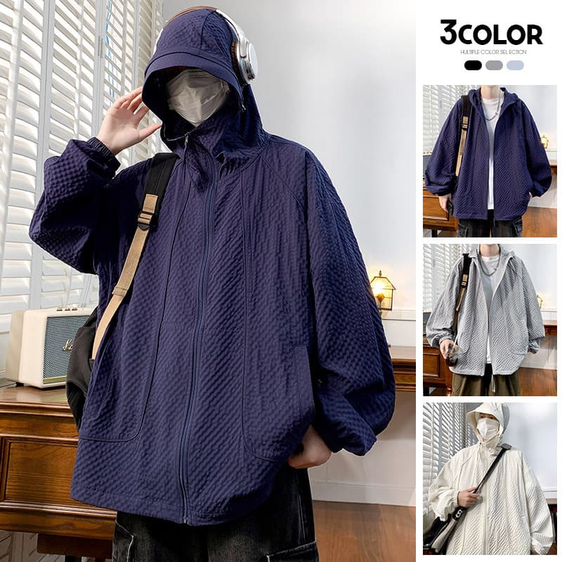 Plus Size Sun Protection Hoodie for Men 2025 Summer Lightweight Trendy Bubble Texture Skin Jacket Loose Couple UV Protective Wear