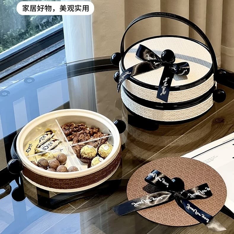 Leather Retro Style Dried Fruit Plate Ceramic Living Room Coffee Table with Lid Leather Rotating Fruit Snack Portable Bowl