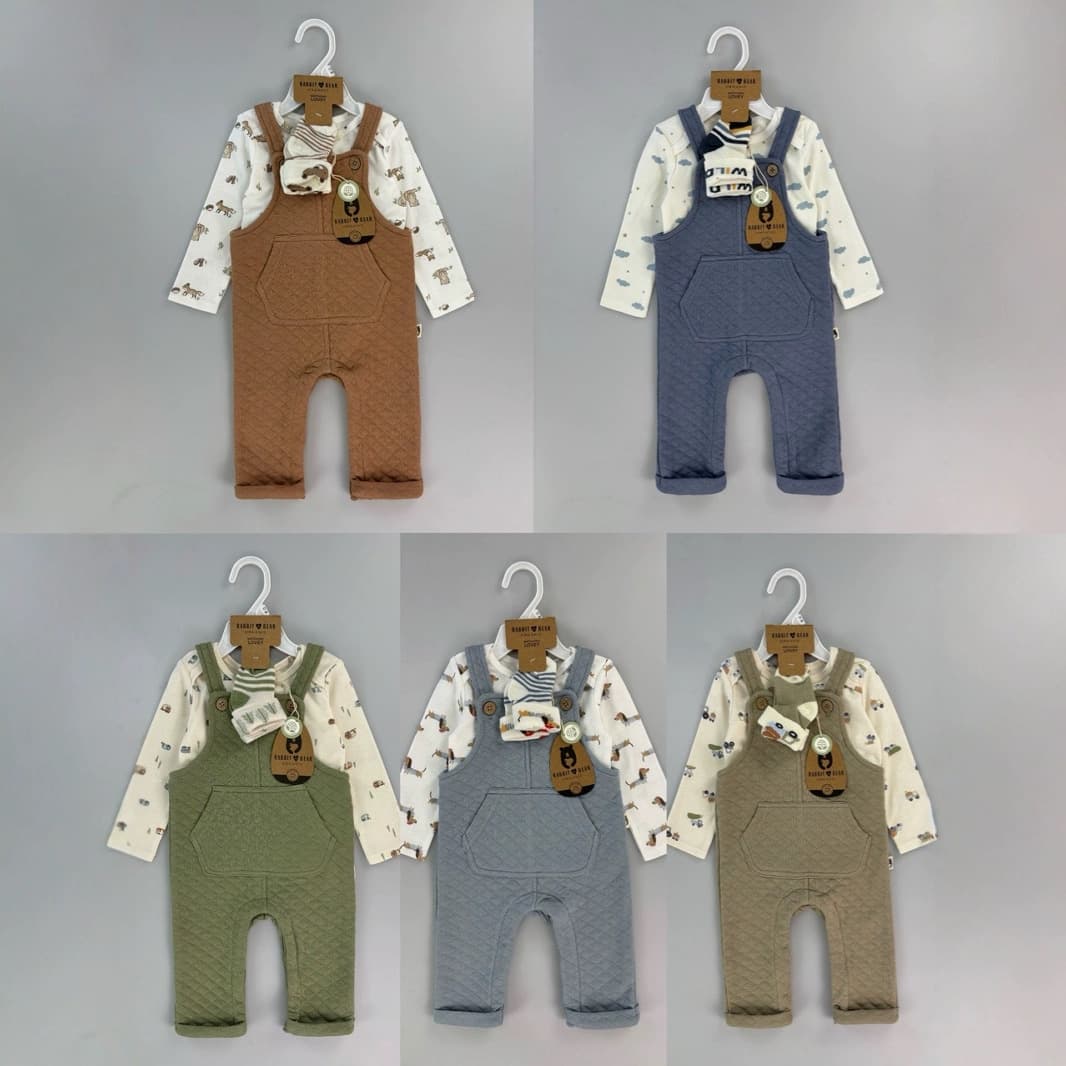【Direct Wholesale】Rabbit Bear Boys' Air Cotton Overalls 3-Piece Baby Overall Set
