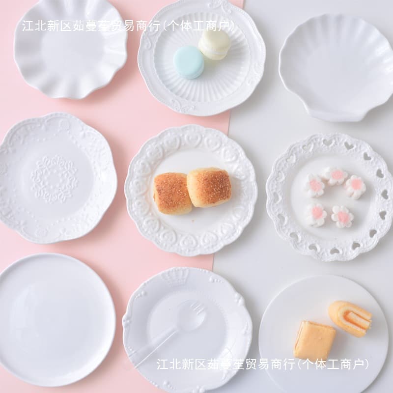 Ceramic Embossed Dessert Plate Lace Household Cake Plate Breakfast Bone Plate Hollow Lace Plate