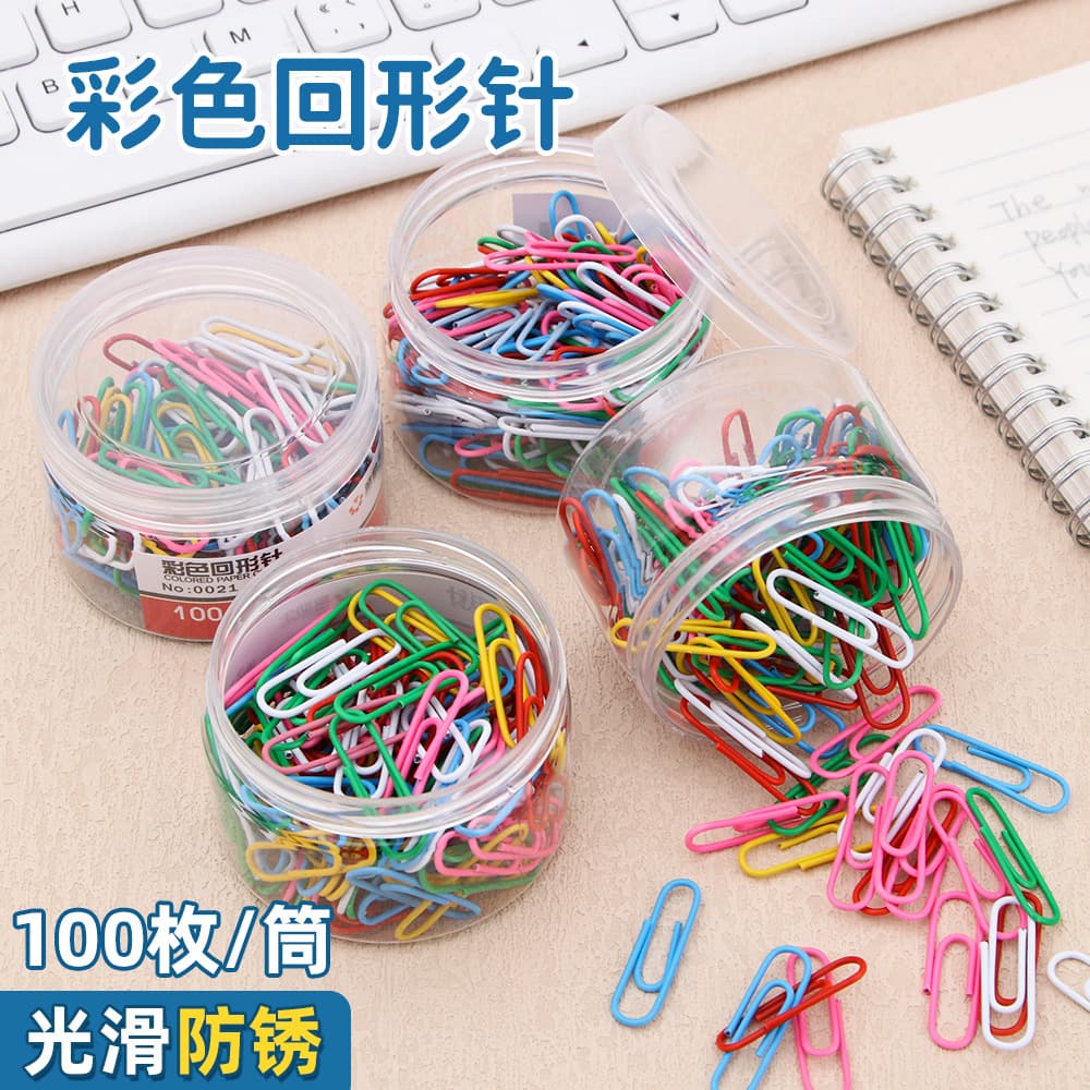 Colorful nickel-plated paper clip cylinder with 100 creative metal bookmarks, buckles, office stationery paper clips wholesale