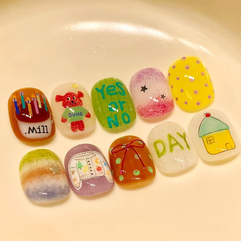 Cute Cartoon Wearable Nails, Niche Design, New Trendy Short Style, Bean-Shaped Nail Stickers, Finished Products, Factory Wholesale