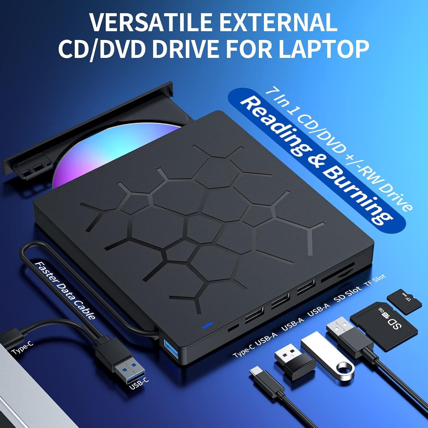 New Multi-functional External Burner 7-in-1 Expansion DVD Burner Optical Drive USB/Type-C Dual Interface
