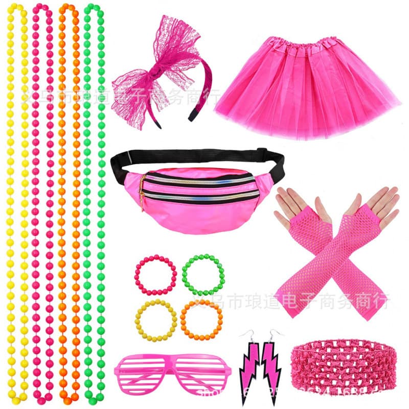 1980s Prom Party Costume Accessories Crossbody Laser Waist Bag Chest Bag Neon Necklace Bracelet Dress Set
