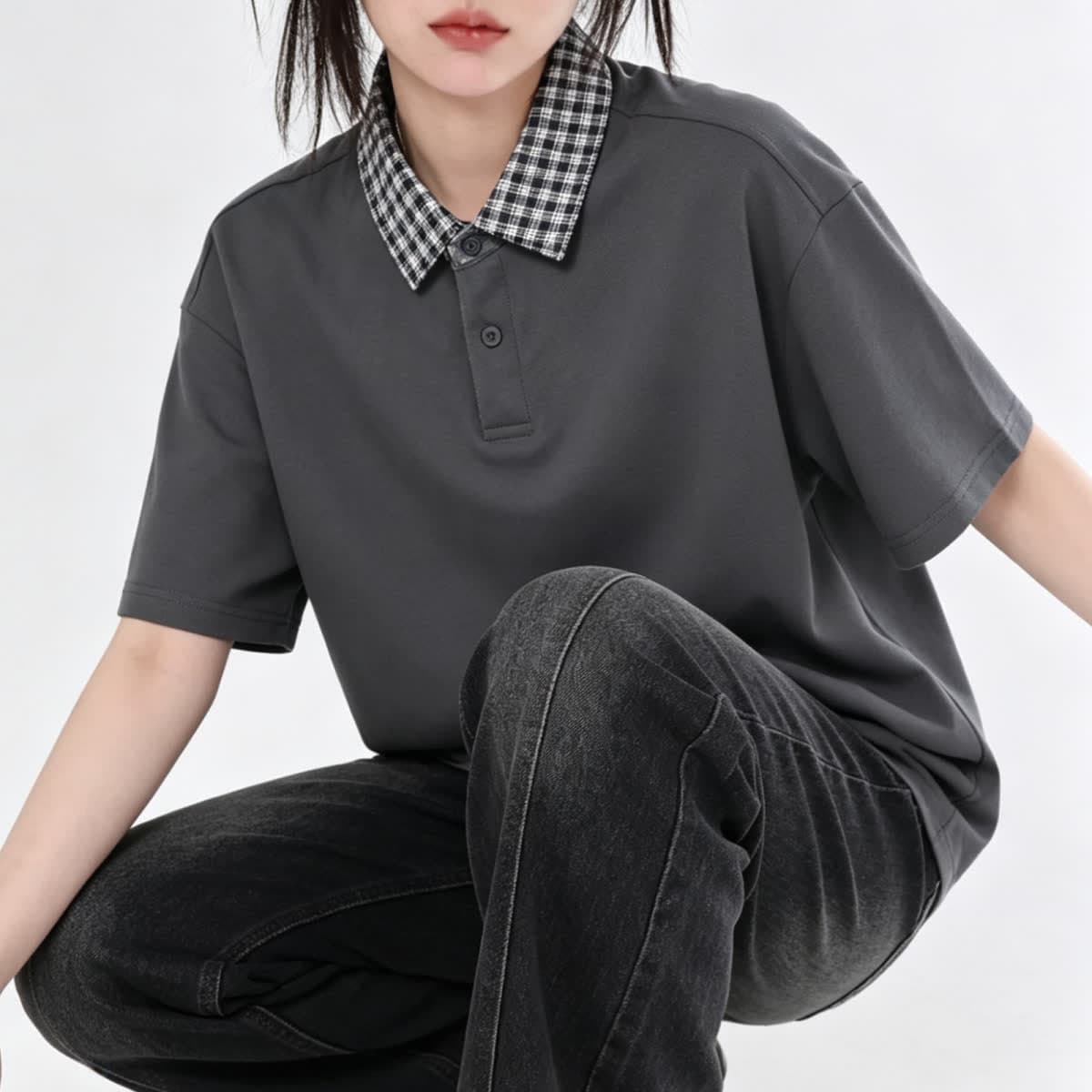 2026 fake two-piece POLO shirt T for boys and girls, same style summer lapel plaid shirt collar splicing short-sleeved T-shirt trend
