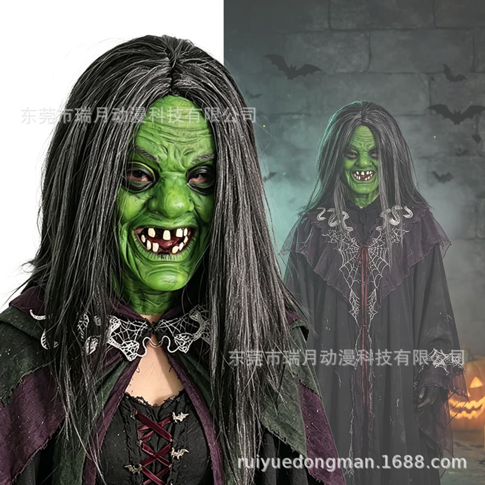 Halloween witch mask cos witch mask adult female green face witch ghost carnival party dress up latex