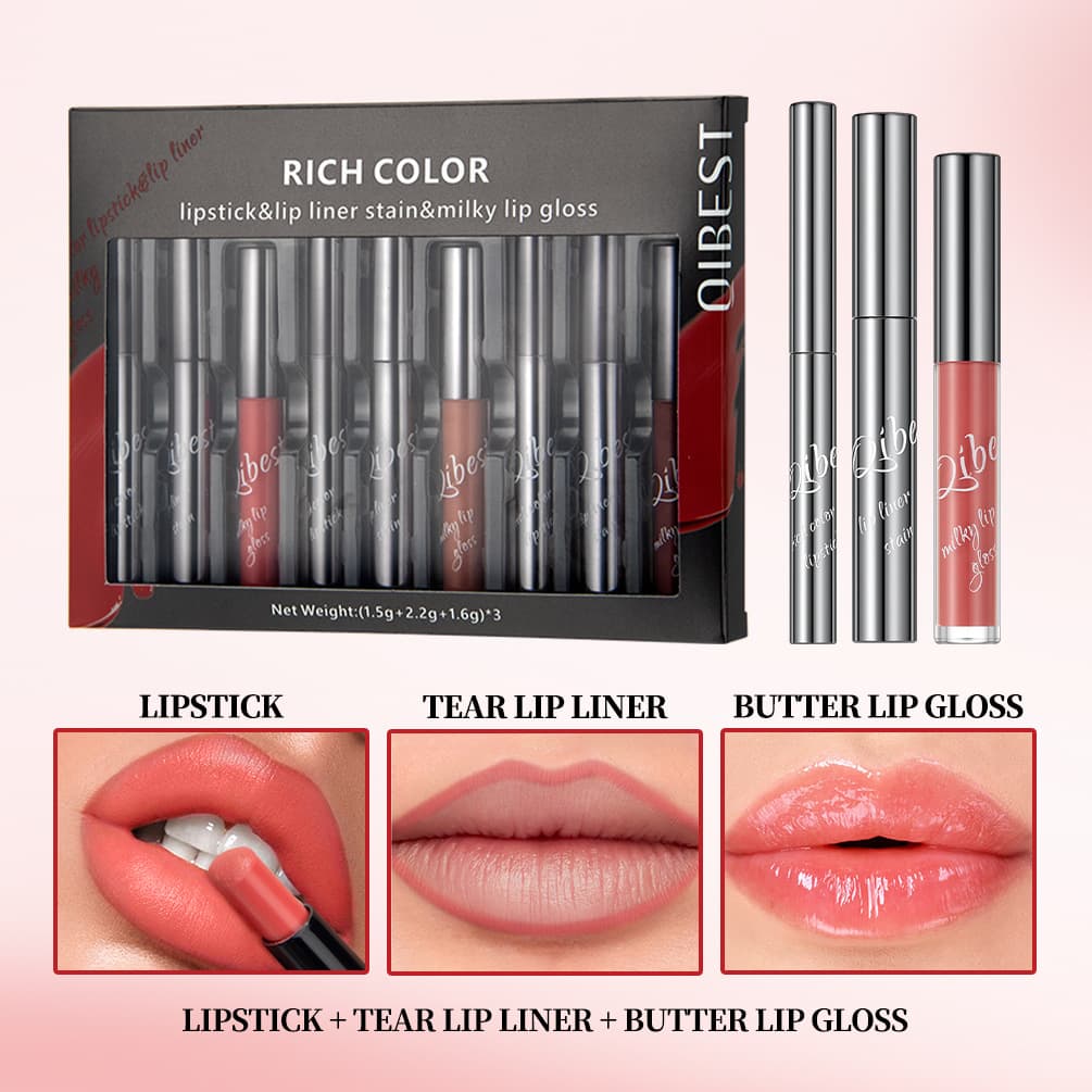 QIBEST non-stick cup moisturizing tattoo peel-off lip gloss lip liner easy to color lipstick pen makeup set