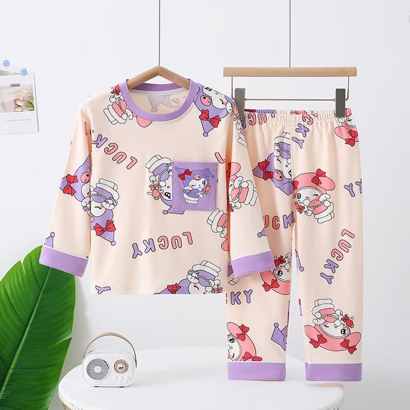 New Autumn/Winter Round Neck Long Sleeve Kuromi Pajama Set for Kids, Cartoon Cotton Sleepwear for Spring and Autumn