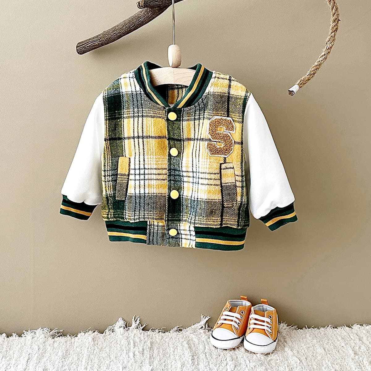 Korean Style Plaid Baseball Jacket for Kids, Thick Autumn/Winter Jacket, Casual Top for Boys and Girls
