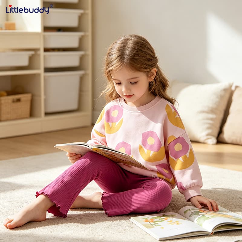 Cross-Border Girls' Spring/Autumn Light Pink Abstract Floral Hoodie Set with Rose Red Ribbed Ruffle Hem Leggings Two-Piece