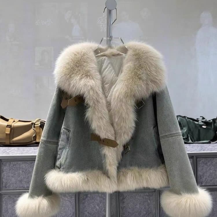 Korean-style Design Faux Fur Collar Blue Denim Jacket Fashionable Quilted Cotton-Lined Warm Coat