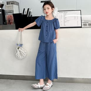 Girls Summer Set 2026 New Style Fashionable Large Kids Short Sleeve Square Collar Doll Blouse Wide Leg Pants Two Piece Set Thin