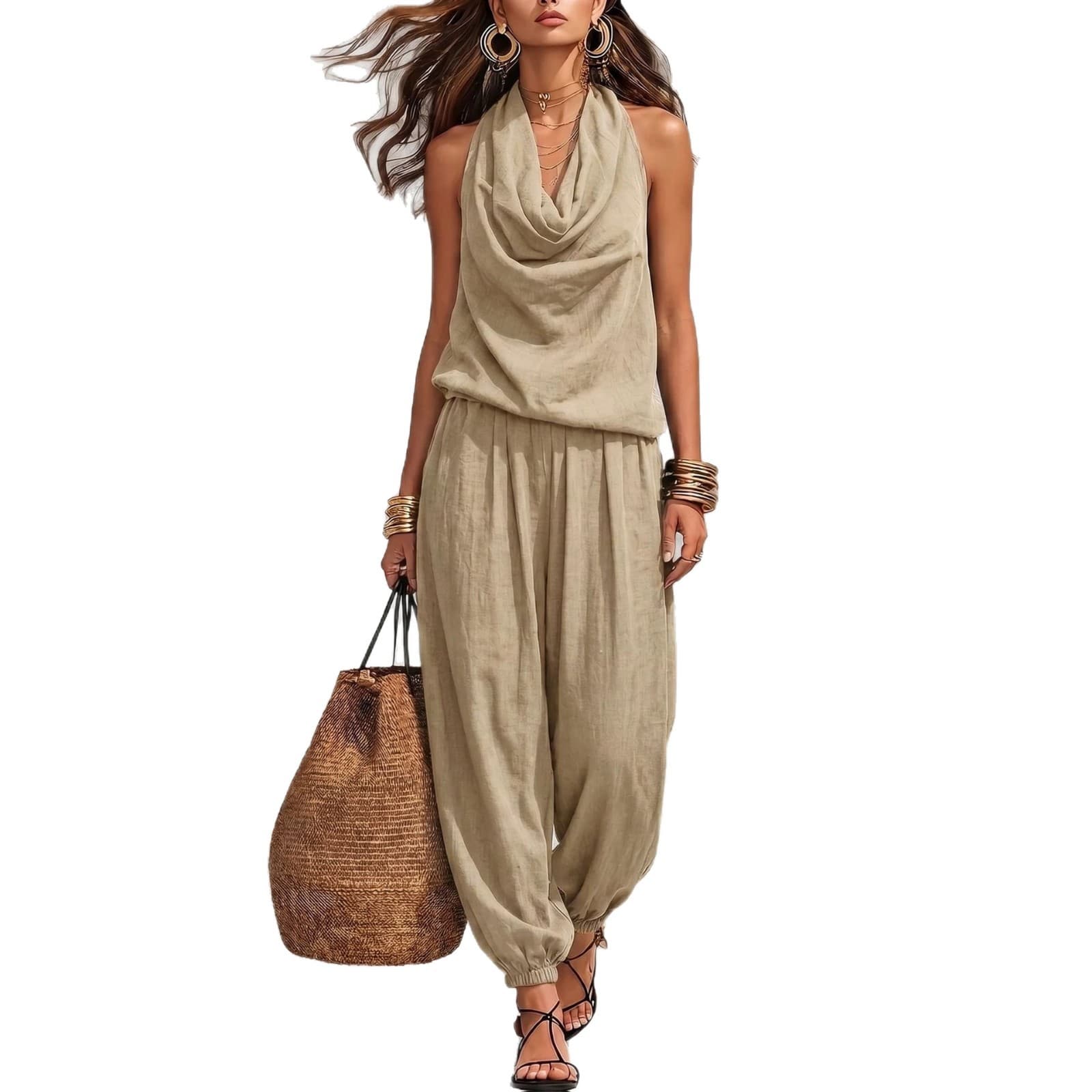 2026 Amazon Cross-Border New Hot-Selling European and American Style Draped Neck Halter Wide-Leg Jumpsuit Casual Women's Clothing