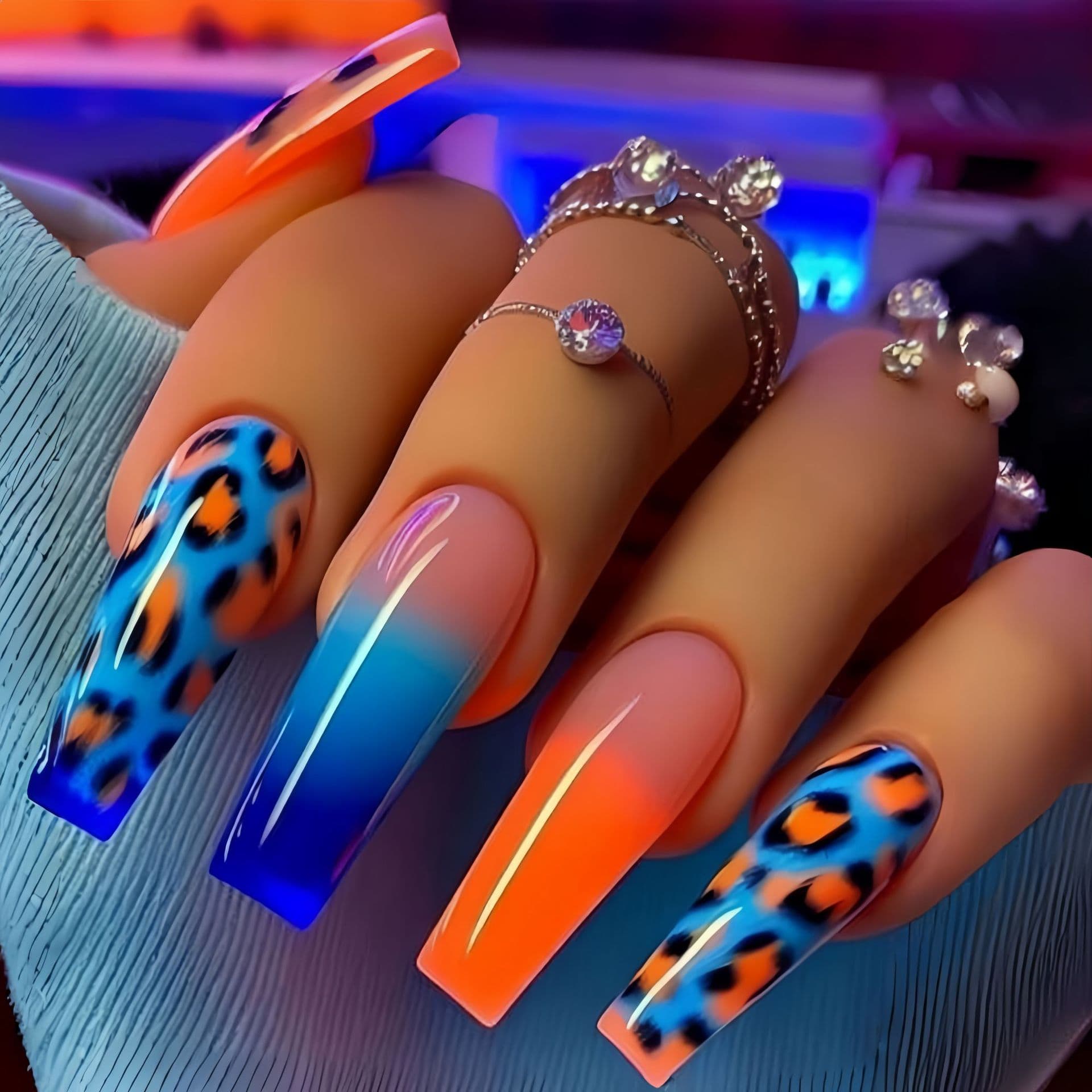 Long Ballet Blue Leopard French False Nails Light Pink Fairy Ins Style European and American Nail Tips Removable