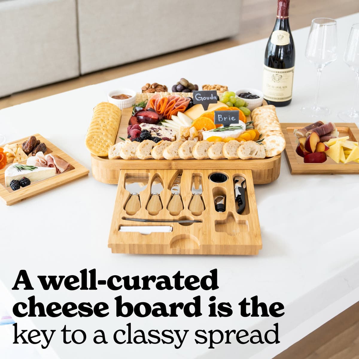 [Factory Direct, Supports Overseas Dropshipping] Bamboo Cheeseboard Set with Four Drawers, Includes Knife.