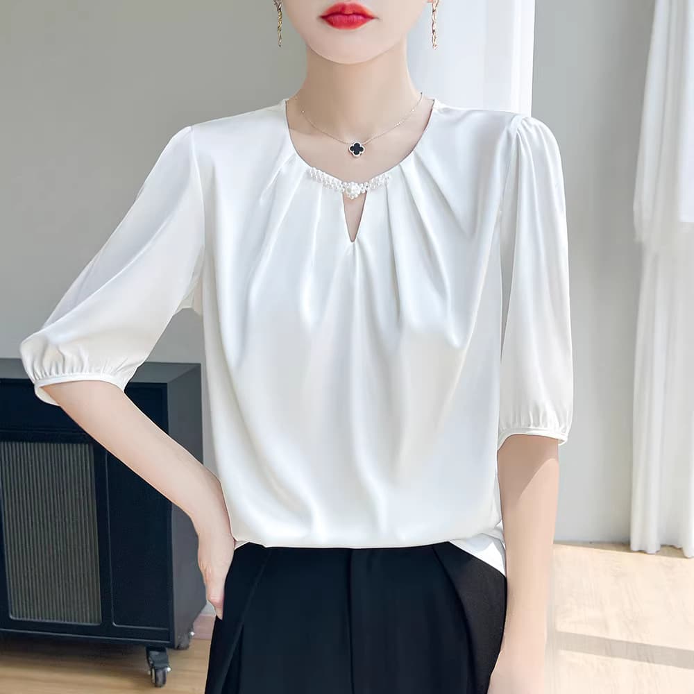 New Summer Silky Satin Women's Short-Sleeve Top Loose Pleated Button-Up Three-Quarter Sleeve Blouse