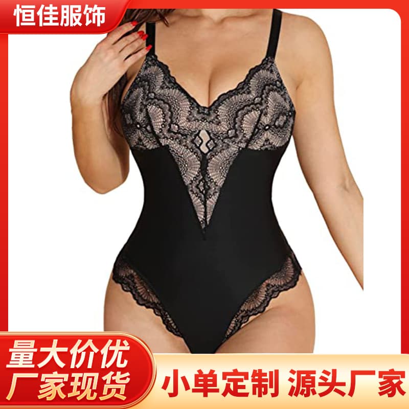Cross-border European and American popular seamless lace body-shaping bodysuit ins style v-neck gathered sexy suspender bodysuit