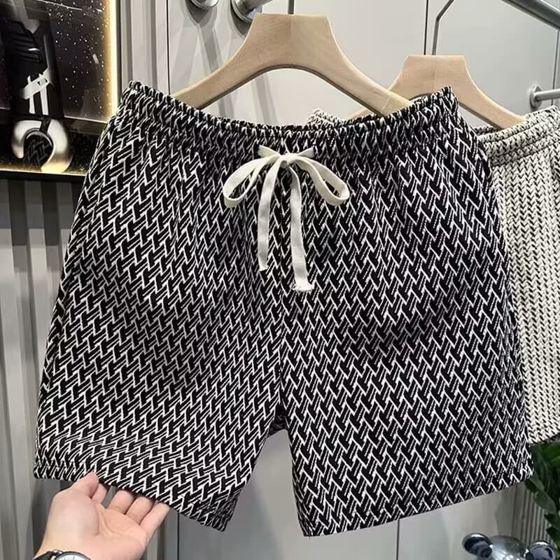 Men's Summer Casual Shorts, Elastic Waist, Loose Fit, Black and White Plaid, 5-Inch Inseam