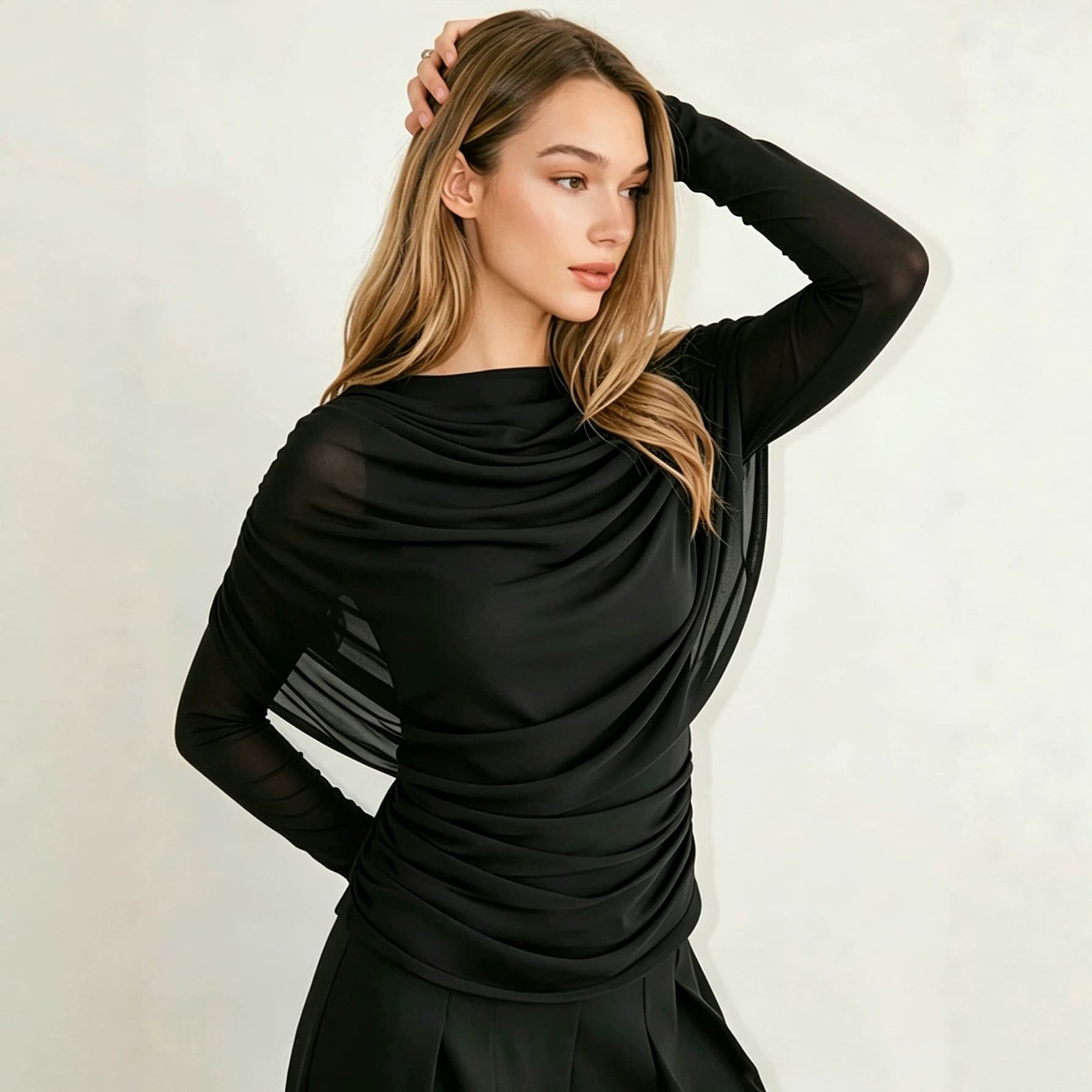 K26T536 Irregular Draped Neck Black Mesh Long Sleeve Top Pleated Waist Tummy Control Slimming Atmosphere Top