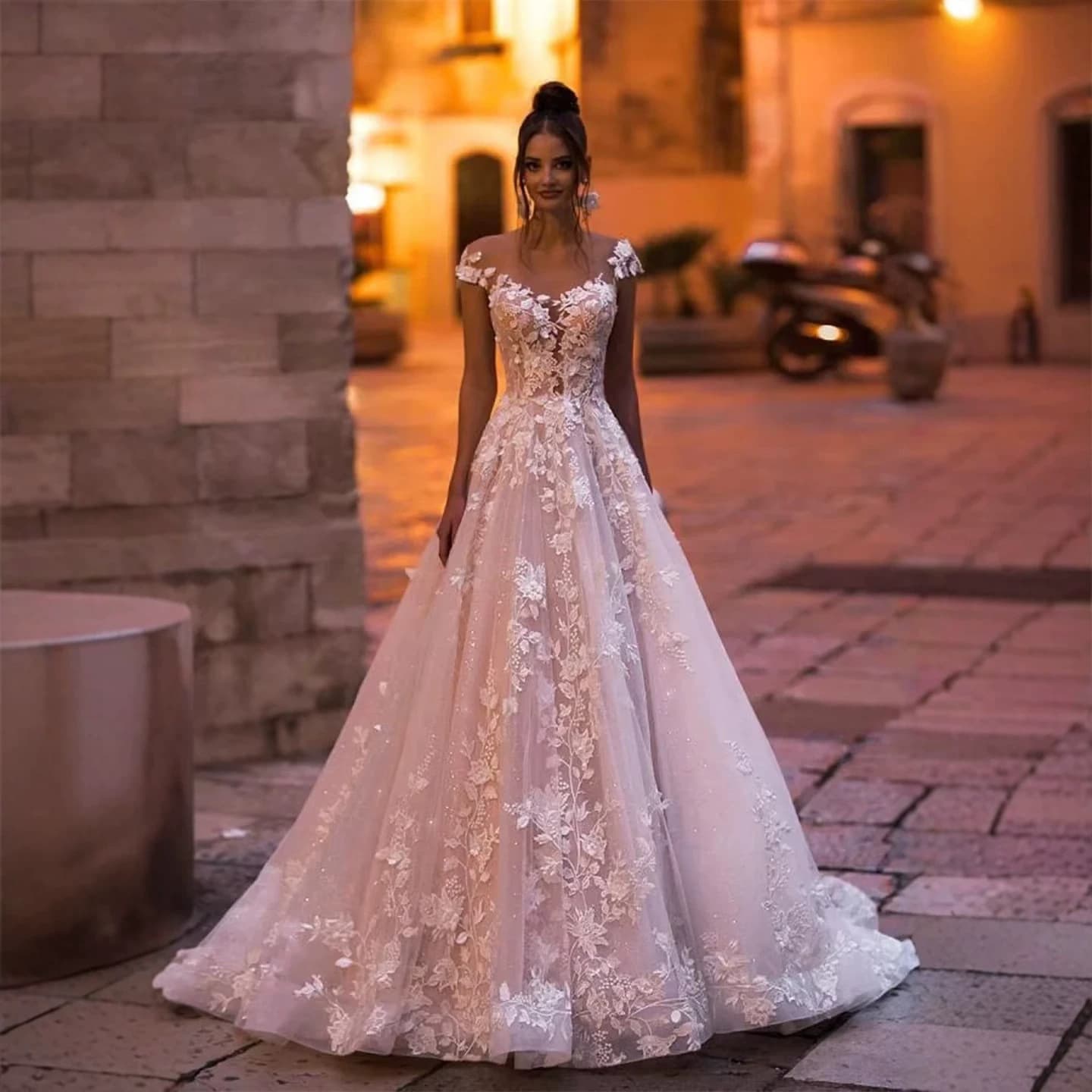 European and American one-shoulder wedding dress heavy industry three-dimensional appliqué lace wedding dress night scene travel photography bridal dress cross-border supply
