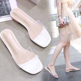 Korean Style Slippers Women Outdoor Summer New Style Casual Transparent One-Strap Lightweight Flat Beach Sandals Women Shoes