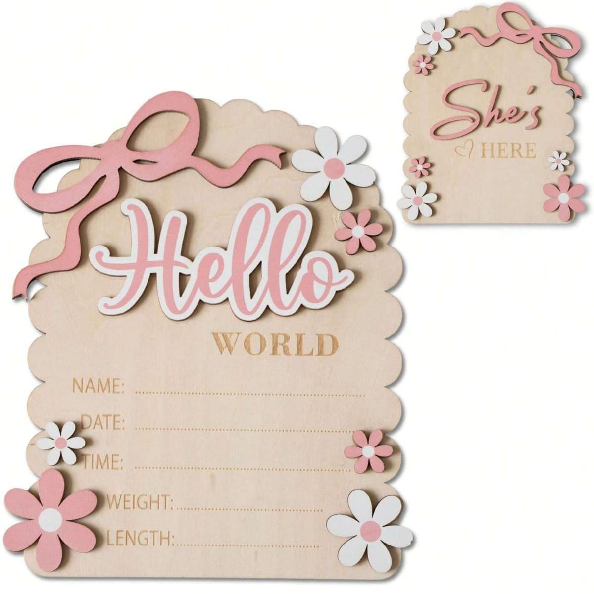 Baby Shower Hello World Newborn Wooden Sign Pink Bow Baby Growth Souvenir for Mom