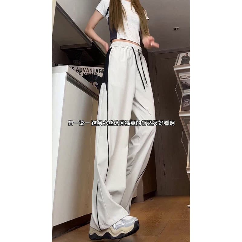 Summer Streetwear Contrast Color Stretch Ice Silk Pants, Unisex High Street Style Loose Plus Size Slimming Wide Leg Casual Trousers