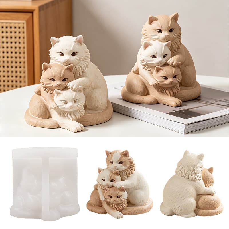DIY Epoxy Resin Three Cats Silicone Mold Handmade Soap Family of Three 3D Cat Figurine Candle Mold