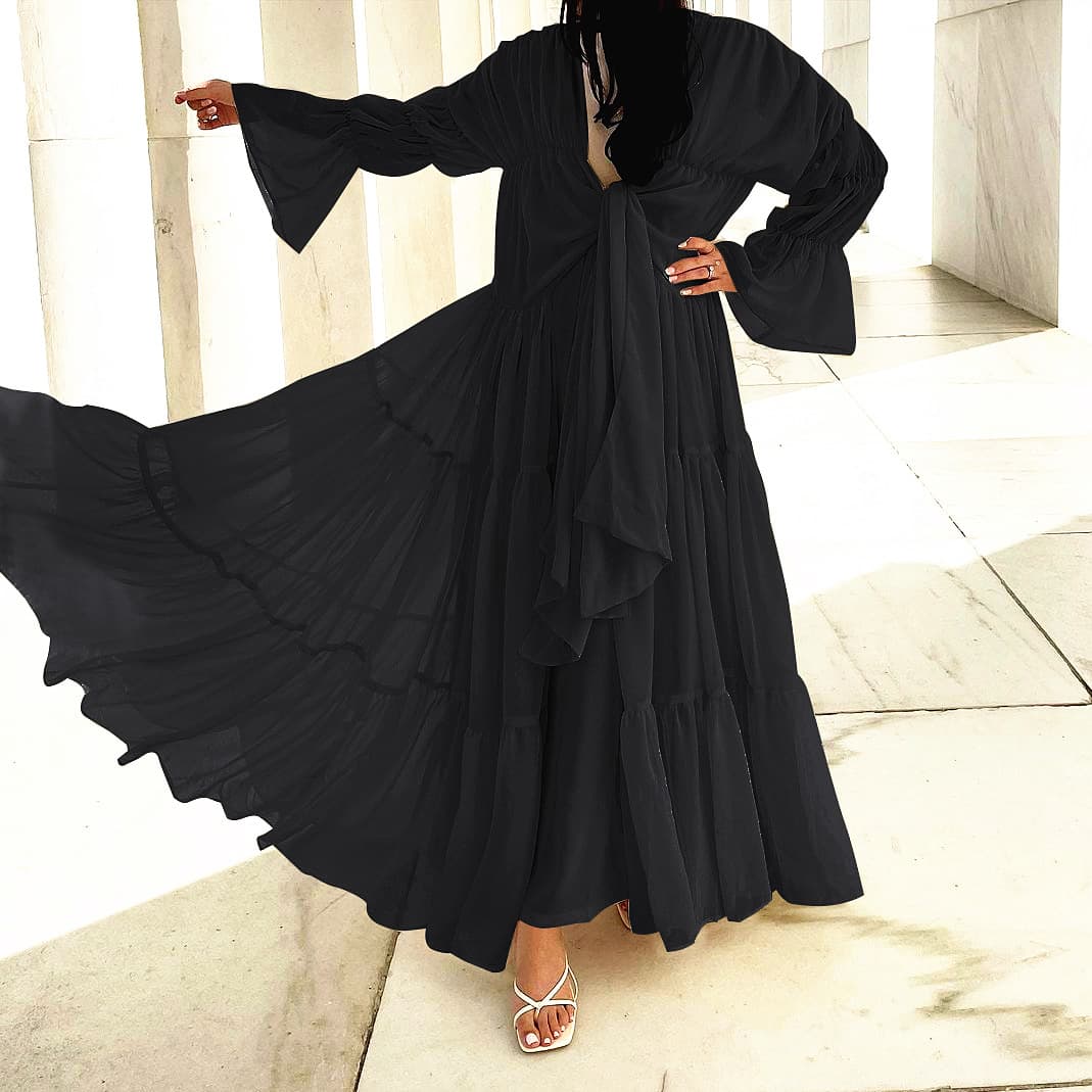 Loriya Amazon Waist-cinching Bubble Sleeve Cardigan, 2022 Spring European-American Elegant Long Dress LR483