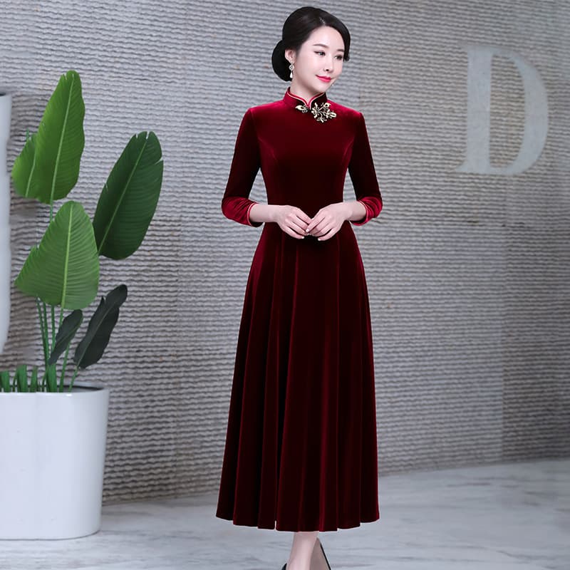 Autumn/Winter Improved Chinese Dress Silk Long Gown Fashionable Mother's Attire by Dongchiang Brand One-Piece Agent Fashion