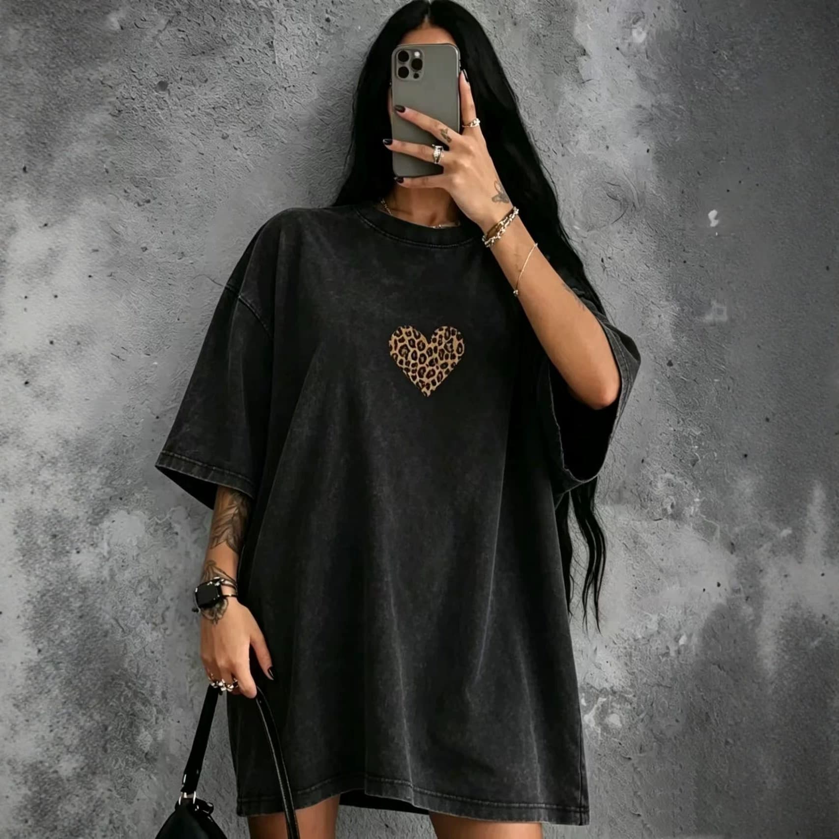 American Vintage Washed Distressed Leopard Heart Print Short Sleeve T-Shirt Women Summer Loose Oversized Lazy Style Slimming