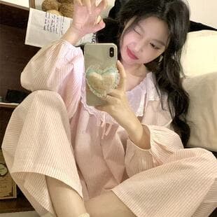 Influencer-style hollow lace trim cloud cotton pajama set for women, long-sleeve breathable comfortable loungewear two-piece set for spring and autumn