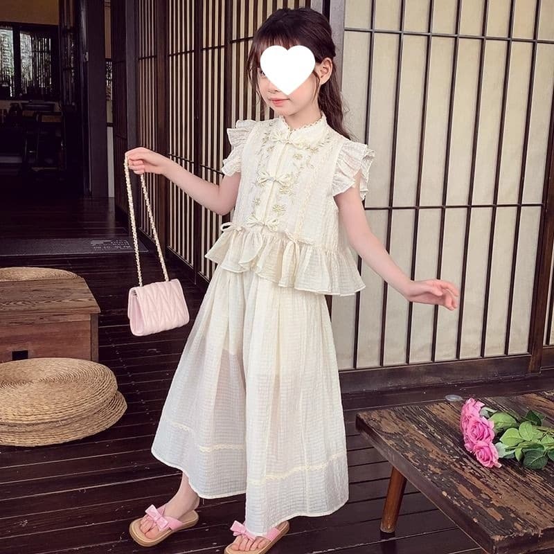 Girls New Chinese Style Wide Leg Pants Suit Little Girls Summer Clothes 2026 New Style Western Style Children's Casual Two-piece Set